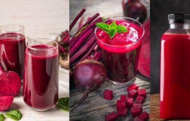 A glass of fresh beet juice placed beside sliced beetroots on a table