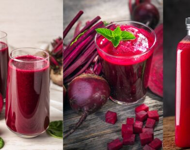 A glass of fresh beet juice placed beside sliced beetroots on a table