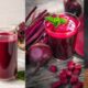 A glass of fresh beet juice placed beside sliced beetroots on a table