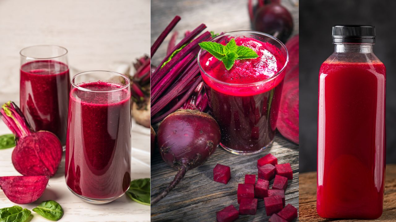 A glass of fresh beet juice placed beside sliced beetroots on a table