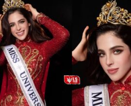 Mexican contestant Fatima Bosch wearing the Miss Universe crown during the grand finale stage with lights and celebrations in the background.