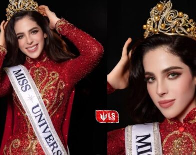 Mexican contestant Fatima Bosch wearing the Miss Universe crown during the grand finale stage with lights and celebrations in the background.
