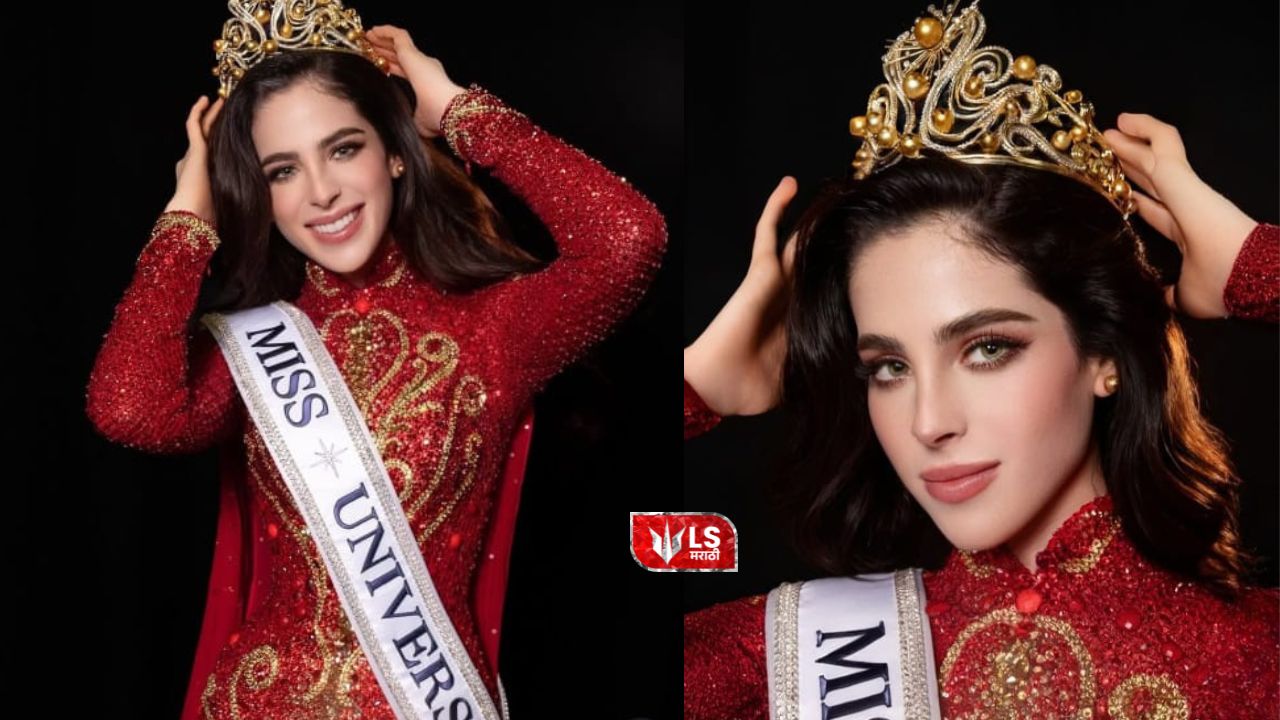Mexican contestant Fatima Bosch wearing the Miss Universe crown during the grand finale stage with lights and celebrations in the background.