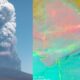 Hele Gubbi volcano in Ethiopia erupting with a massive ash cloud rising on one side, showing dark smoke spreading into the sky