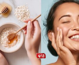 Woman touching her smooth face with a bowl of oats and honey beside her