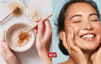 Woman touching her smooth face with a bowl of oats and honey beside her
