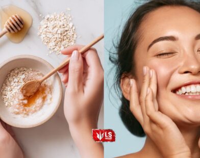 Woman touching her smooth face with a bowl of oats and honey beside her