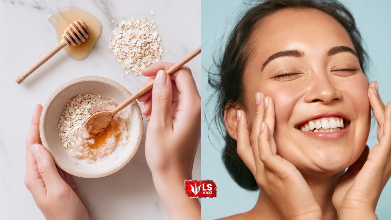 Woman touching her smooth face with a bowl of oats and honey beside her