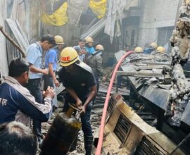 Firefighters and smoke seen after an LPG explosion at an industrial company in the Bhosari MIDC area
