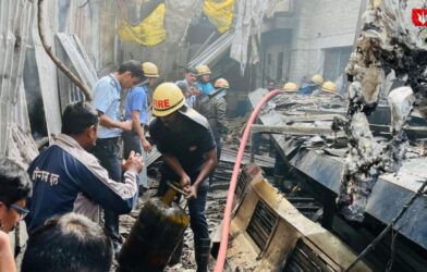 Firefighters and smoke seen after an LPG explosion at an industrial company in the Bhosari MIDC area