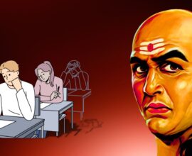 Student writing an exam with Chanakya illustration on the side