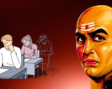 Student writing an exam with Chanakya illustration on the side