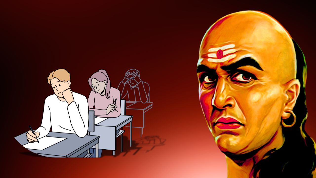 Student writing an exam with Chanakya illustration on the side