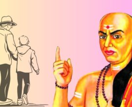 Chanakya giving wisdom on one side and on the other side a father and son walking and talking, symbolizing guidance and bonding.