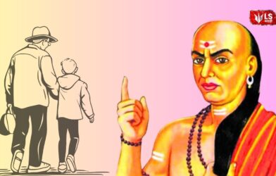 Chanakya giving wisdom on one side and on the other side a father and son walking and talking, symbolizing guidance and bonding.