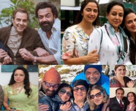 Dharmendra pictured with Hema Malini, Sunny Deol, Bobby Deol, Ahana Deol, and Esha Deol together in a family photo collage