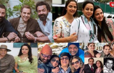 Dharmendra pictured with Hema Malini, Sunny Deol, Bobby Deol, Ahana Deol, and Esha Deol together in a family photo collage