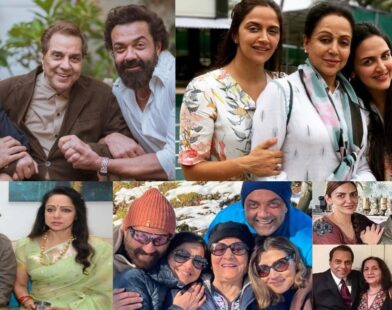 Dharmendra pictured with Hema Malini, Sunny Deol, Bobby Deol, Ahana Deol, and Esha Deol together in a family photo collage