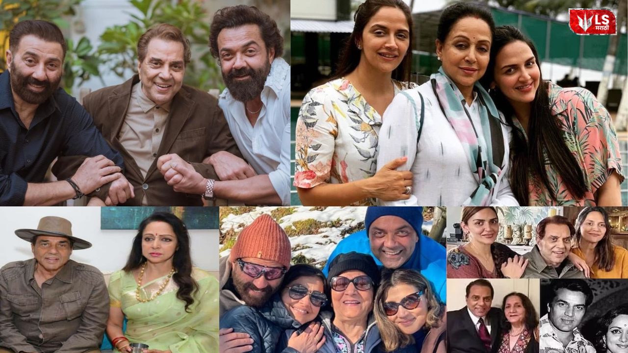 Dharmendra pictured with Hema Malini, Sunny Deol, Bobby Deol, Ahana Deol, and Esha Deol together in a family photo collage