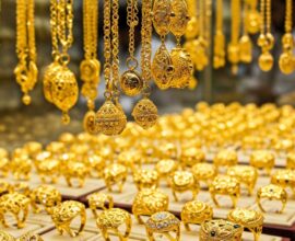 Gold jewellery displayed in a showroom as gold prices rise during the wedding season