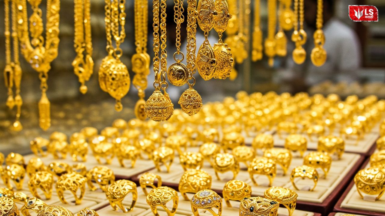 Gold jewellery displayed in a showroom as gold prices rise during the wedding season