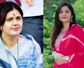 Pankaja Munde standing on one side and Gouri Garje standing on the other side in a news-related image