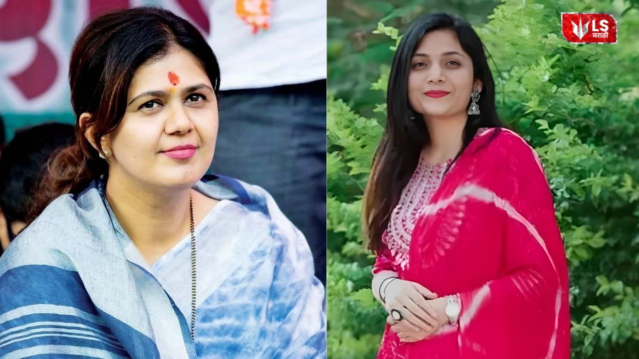 Pankaja Munde standing on one side and Gouri Garje standing on the other side in a news-related image