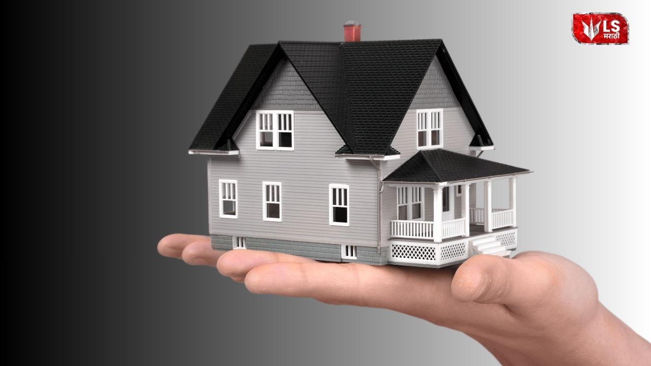 A hand holding a small house model with a bank loan approval symbol, representing financial support for home reconstruction