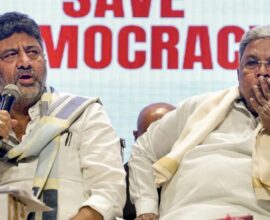 Siddaramaiah and DK Shivakumar seen during a political meeting amid a dispute over the Karnataka Chief Minister post in the Congress government
