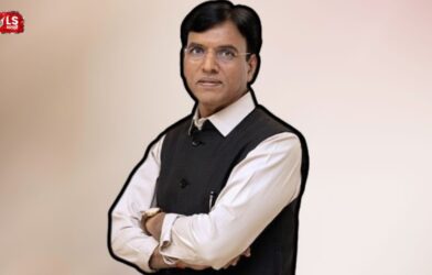 Union Labour Minister Mansukh Mandaviya standing and addressing the media