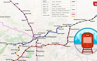 Pune Metro Phase 2 route map with metro train graphic showing the approved expansion plan