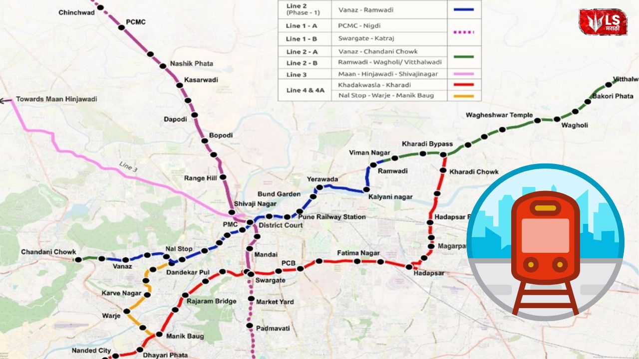 Pune Metro Phase 2 route map with metro train graphic showing the approved expansion plan