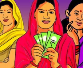 Three women standing together, with one woman holding money in her hand, representing Ladki Bahin Yojana installment update