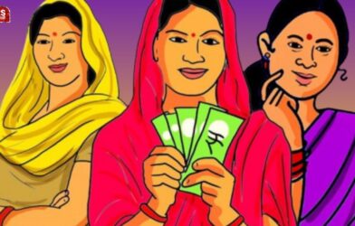 Three women standing together, with one woman holding money in her hand, representing Ladki Bahin Yojana installment update