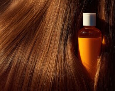 Mustard oil bottle partially hidden inside long hair