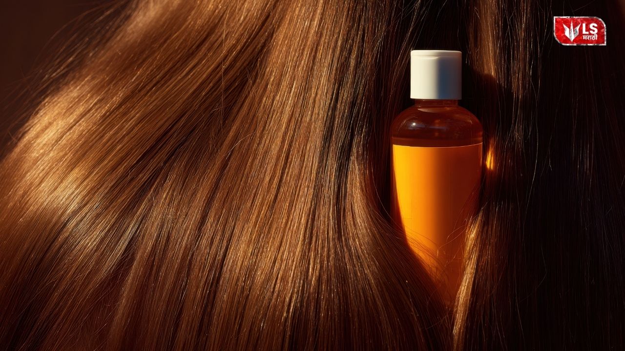 Mustard oil bottle partially hidden inside long hair