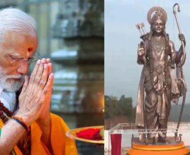 Prime Minister Narendra Modi bowing in reverence, with a 77-feet Lord Ram statue visible in the adjoining frame