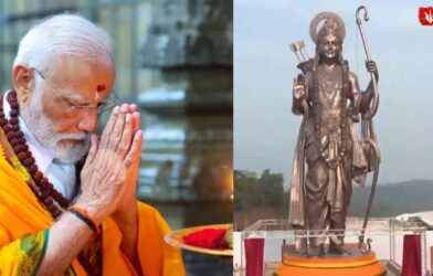 Prime Minister Narendra Modi bowing in reverence, with a 77-feet Lord Ram statue visible in the adjoining frame