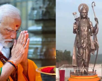 Prime Minister Narendra Modi bowing in reverence, with a 77-feet Lord Ram statue visible in the adjoining frame
