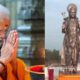 Prime Minister Narendra Modi bowing in reverence, with a 77-feet Lord Ram statue visible in the adjoining frame