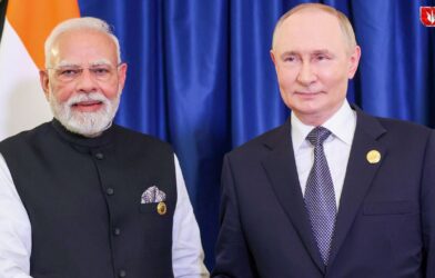 Vladimir Putin shaking hands with Indian Prime Minister Narendra Modi during an official meeting