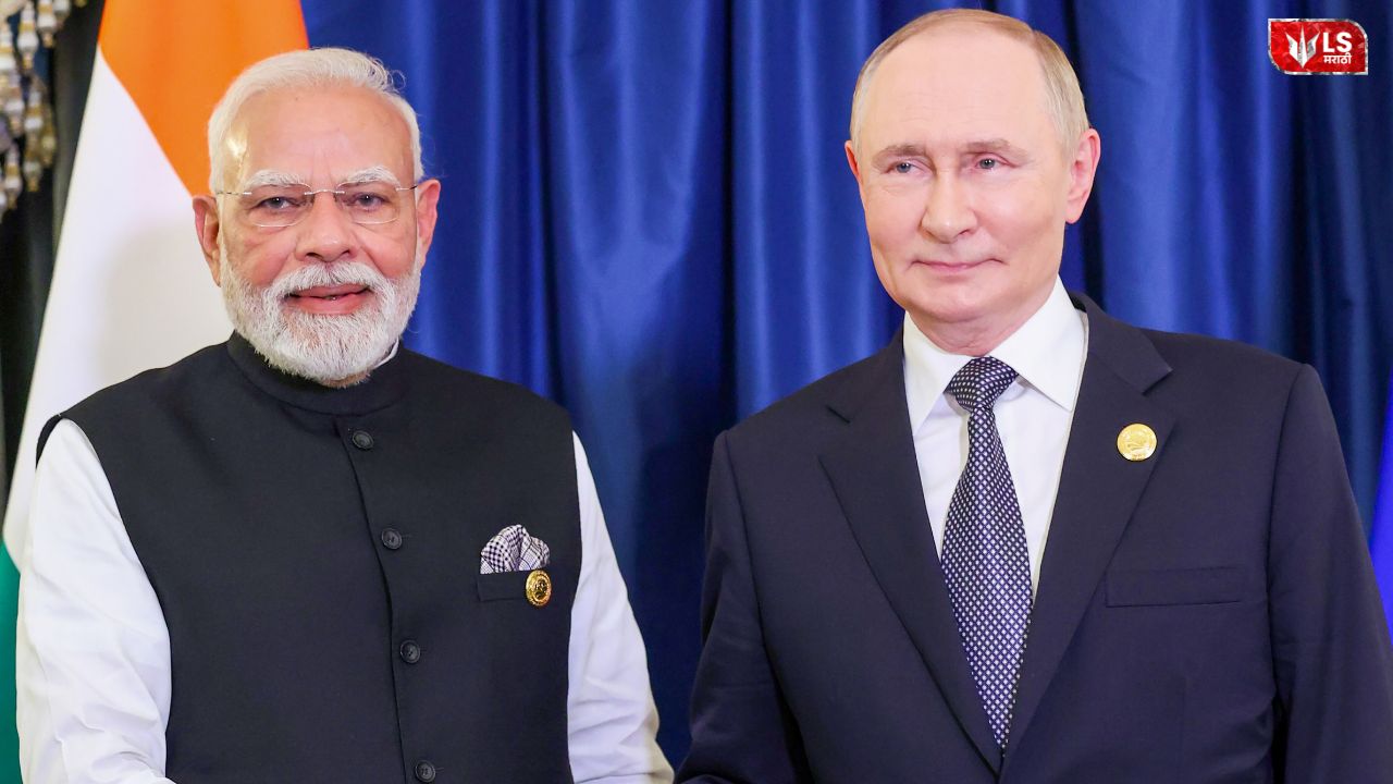 Vladimir Putin shaking hands with Indian Prime Minister Narendra Modi during an official meeting