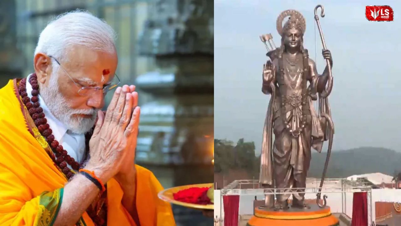 Prime Minister Narendra Modi bowing in reverence, with a 77-feet Lord Ram statue visible in the adjoining frame