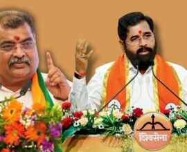 Ravindra Chavan on one side and Maharashtra Chief Minister Eknath Shinde on the other side during a political alegation