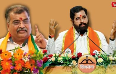 Ravindra Chavan on one side and Maharashtra Chief Minister Eknath Shinde on the other side during a political alegation