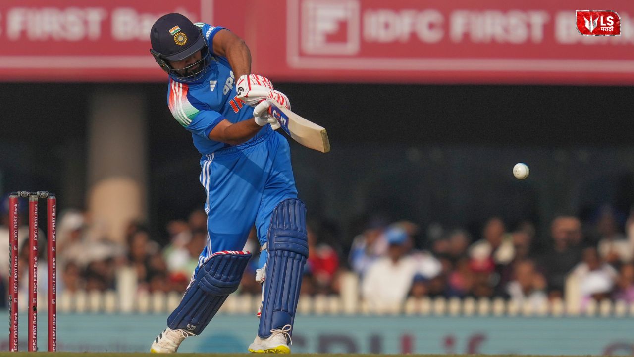 Rohit Sharma celebrating after hitting a six, marking his world record for the most sixes in ODI cricket