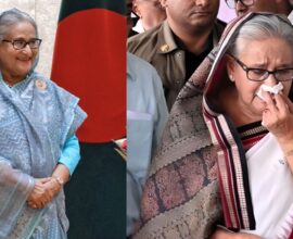 Collage image showing Sheikh Hasina crying on one side and her portrait on the other, used in news about her 21-year sentence in a corruption case
