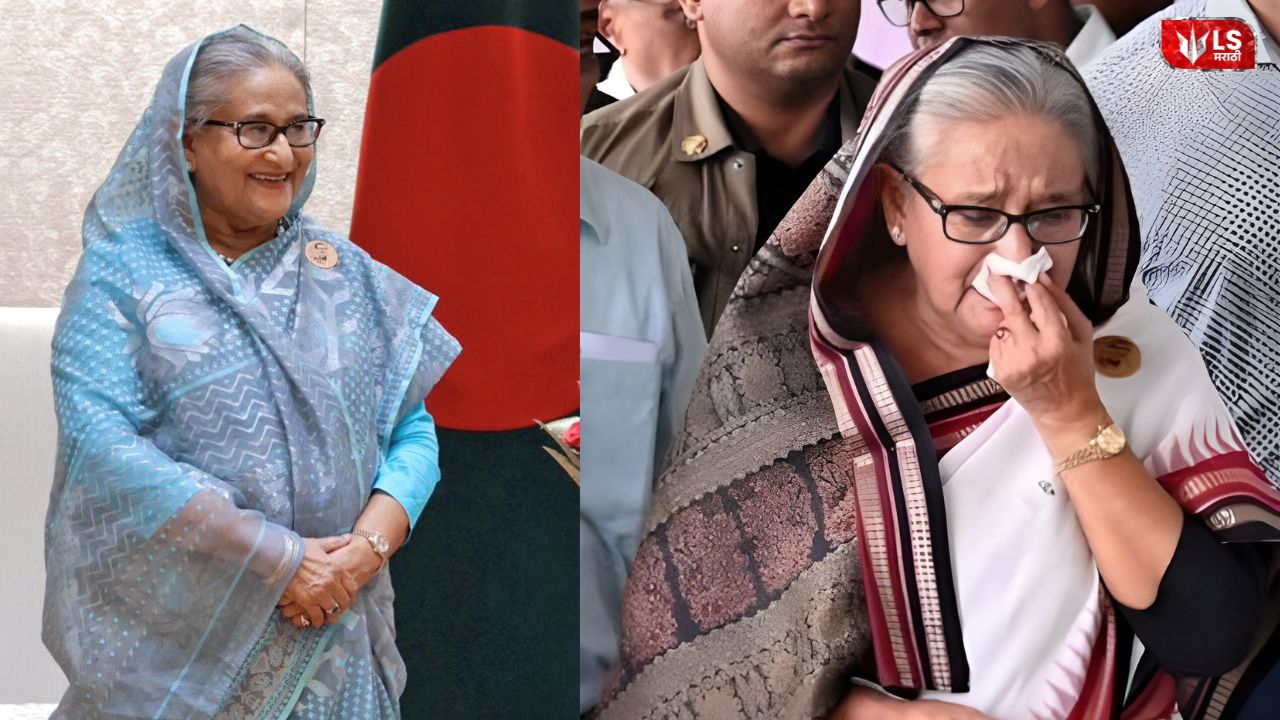 Collage image showing Sheikh Hasina crying on one side and her portrait on the other, used in news about her 21-year sentence in a corruption case
