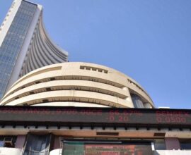 Bombay Stock Exchange building as market falls with Sensex down 215 points and Nifty down 70 points