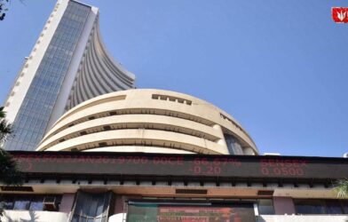 Bombay Stock Exchange building as market falls with Sensex down 215 points and Nifty down 70 points